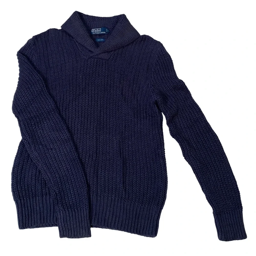 Polo Ralph Lauren Mens Navy Blue 100% Linen Shawl‎ Collar Shaker Knit Sweater L